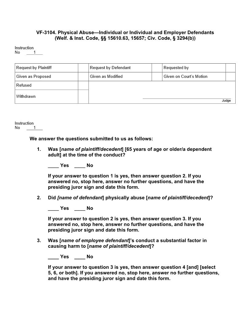 VF 3104. Physical Abuse - Individual Or Individual And Employer Defendants | Pdf Doc Docx | Jury Instructions