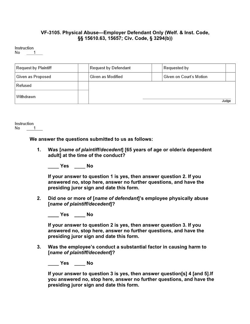VF 3105. Physical Abuse - Employer Defendant Only | Pdf Doc Docx | Jury Instructions