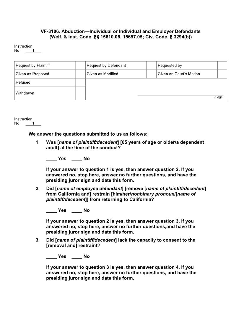 VF 3106. Abduction - Individual Or Individual And Employer Defendants | Pdf Doc Docx | Jury Instructions
