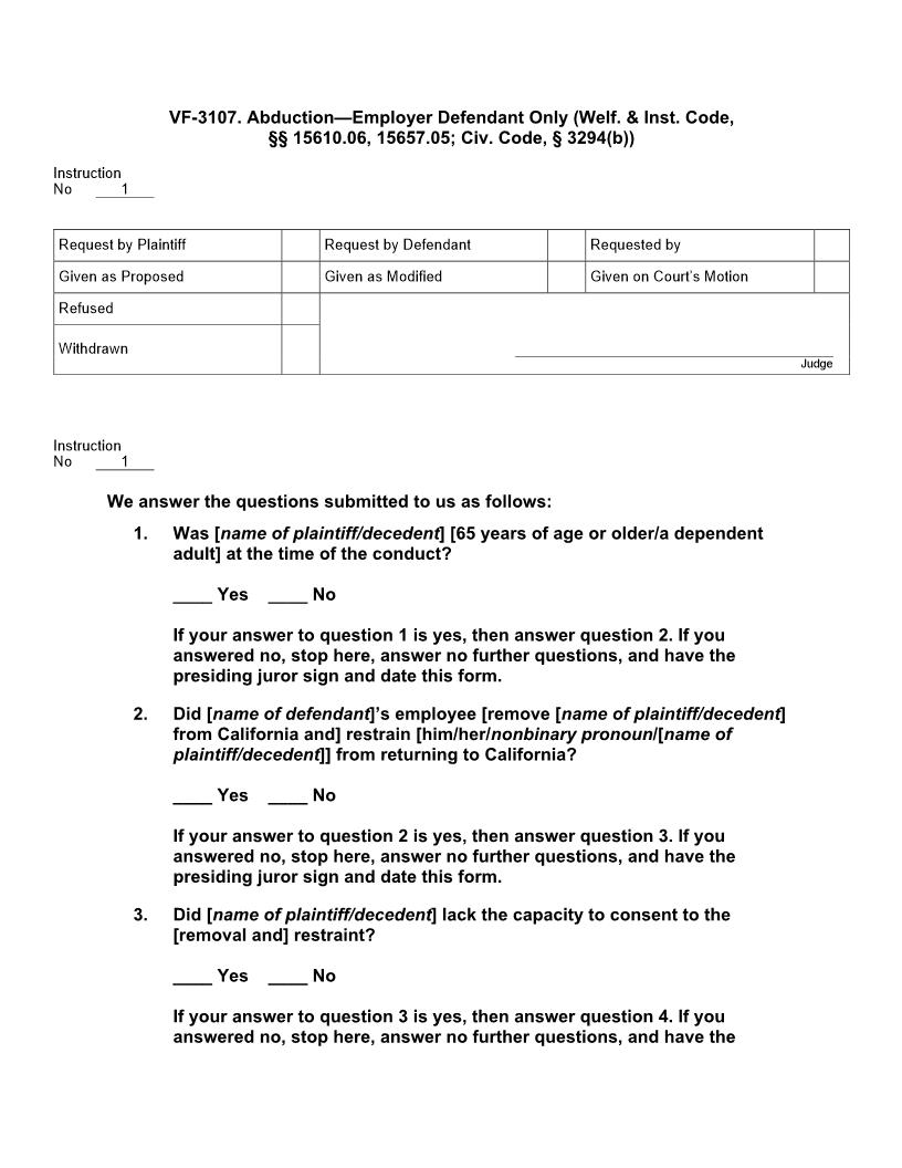 VF 3107. Abduction - Employer Defendant Only | Pdf Doc Docx | Jury Instructions