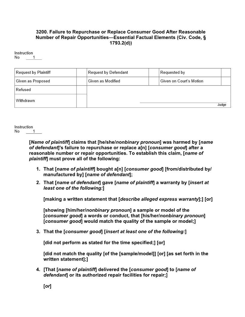 3200. Failure To Repurchase Or Replace Consumer Good After Repair Opportunities | Pdf Doc Docx | Jury Instructions