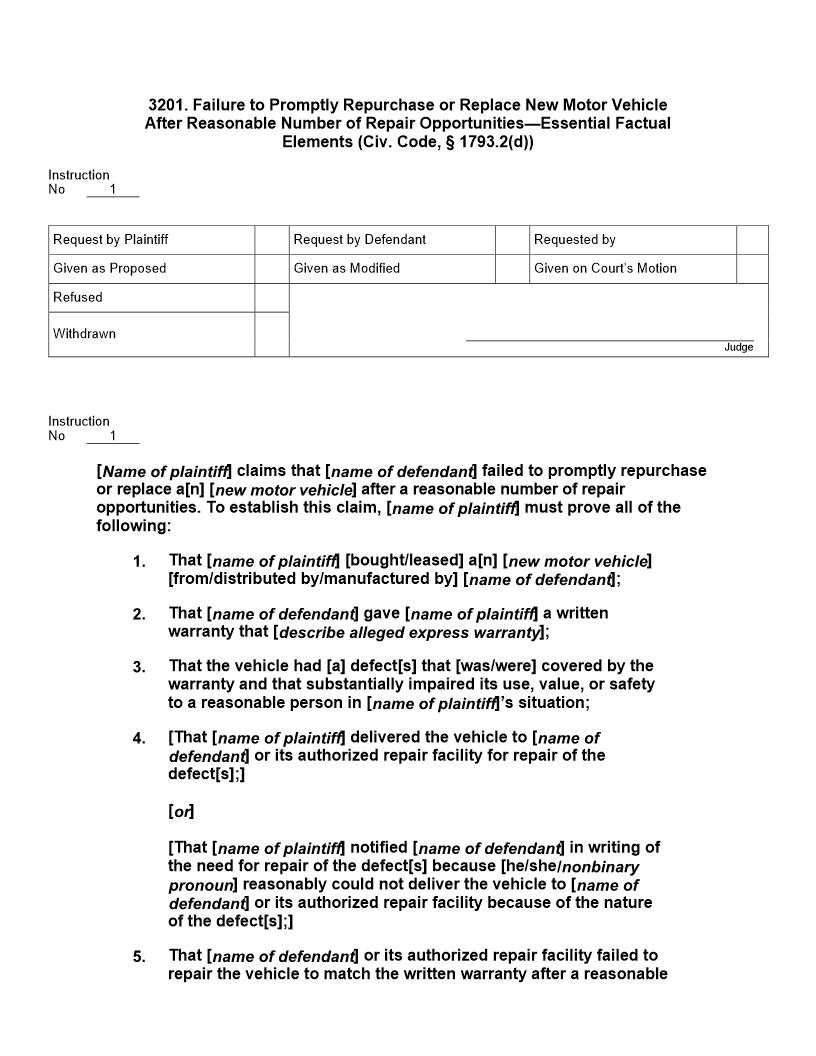 3201. Failure Repurchase Or Replace New Motor Vehicle After Repair Opportunities | Pdf Docx | Jury Instructions
