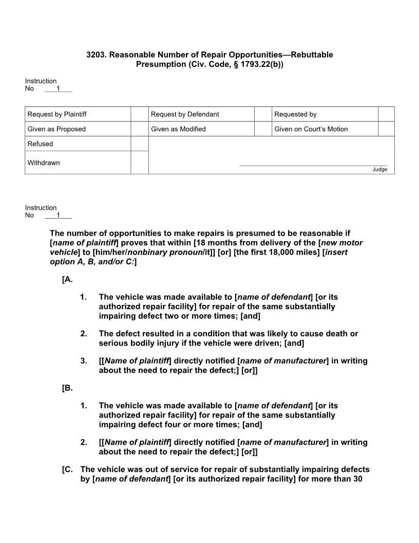 3203. Reasonable Number Of Repair Opportunities - Rebuttable Presumption | Pdf Doc Docx | Jury Instructions