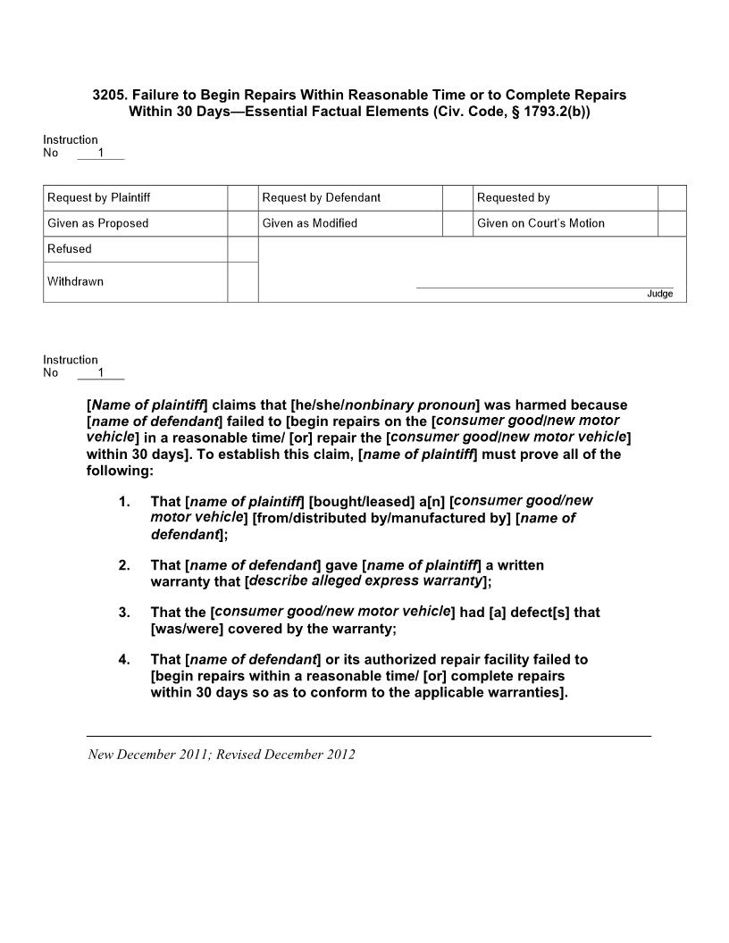 3205. Failure To Begin Repairs Reasonable Time Or Complete Within 30 Days | Pdf Doc Docx | Jury Instructions