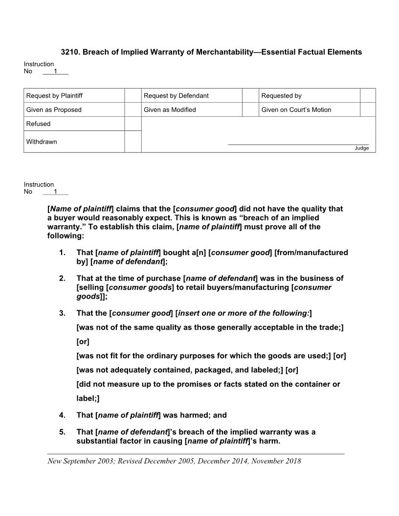 3210. Breach of Implied Warranty of Merchantability Essential Factual Elements | Pdf Doc Docx | Jury Instructions