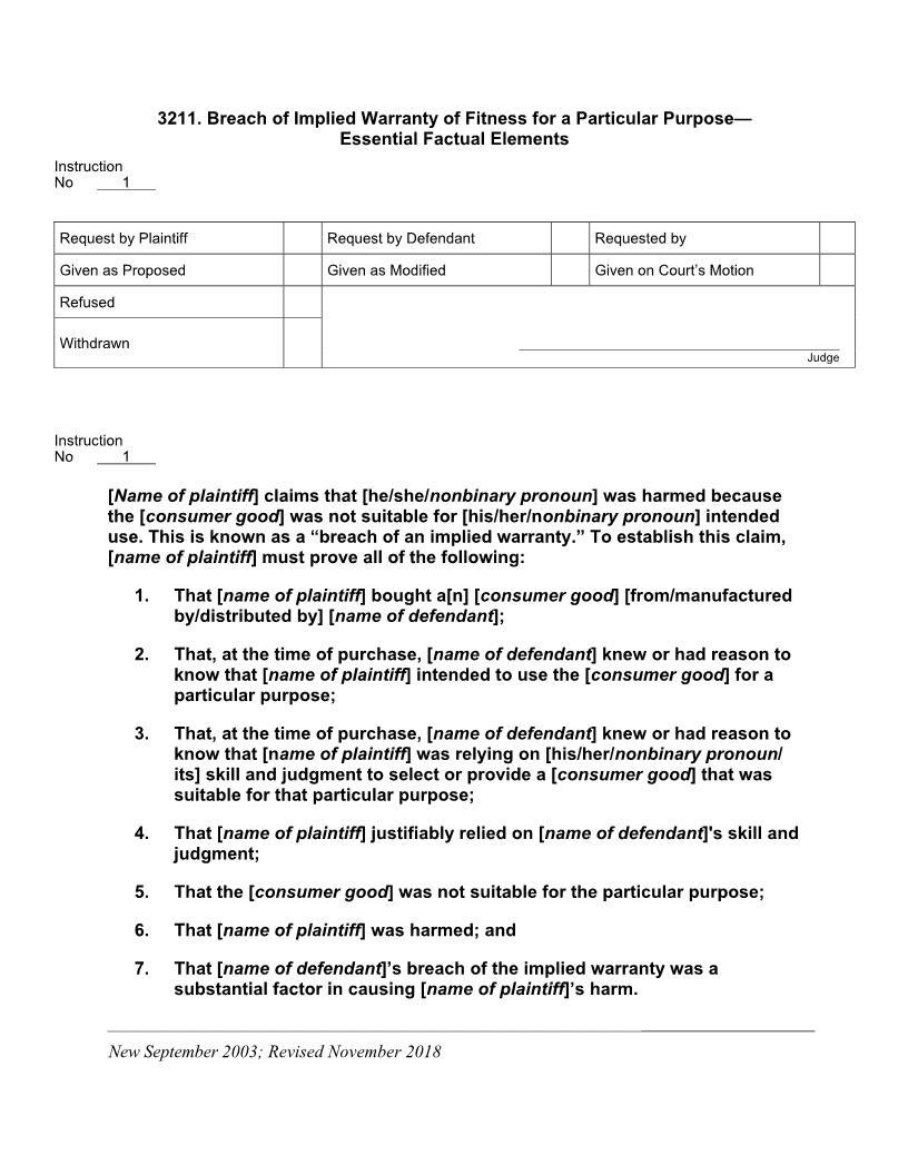 3211. Breach of Implied Warranty of Fitness for a Particular Purpose Essential Factual Elements | Pdf Doc Docx | Jury Instructions