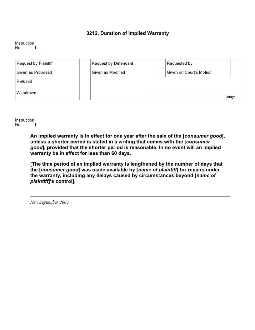 3212. Duration of Implied Warranty | Pdf Doc Docx | Jury Instructions