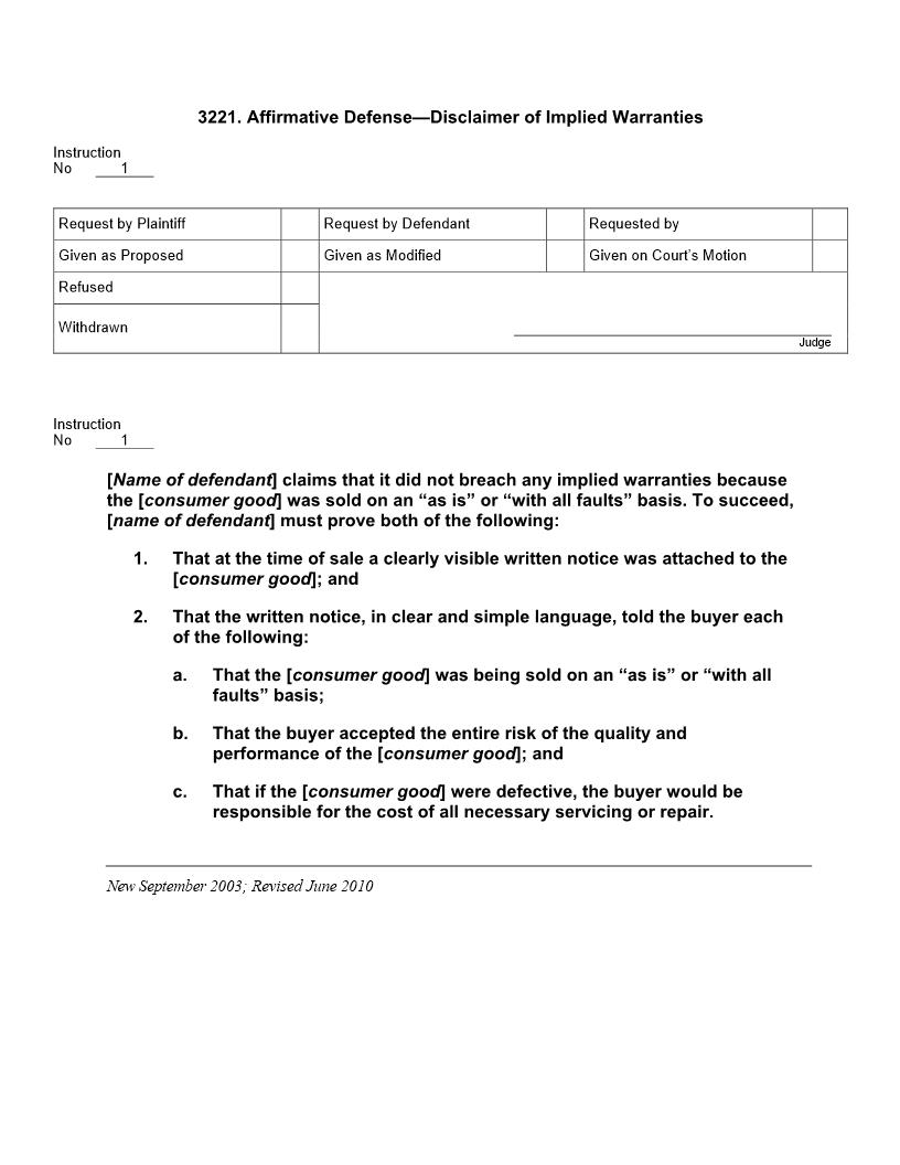 3221. Affirmative Defense Disclaimer of Implied Warranties | Pdf Doc Docx | Jury Instructions