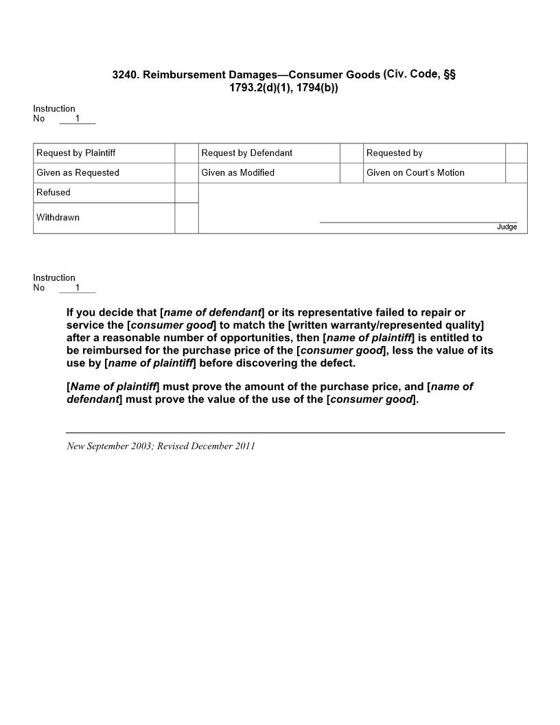 3240. Reimbursement Damages Consumer Goods (Civ. Code, §§ 1793.2(d)(1), 1794(b)) | Pdf Doc Docx | Jury Instructions