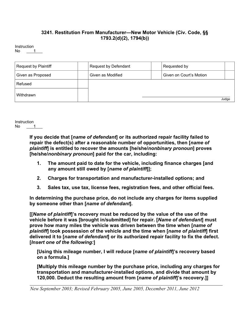 3241. Restitution From Manufacturer-New Motor Vehicle | Pdf Docx | Jury Instructions