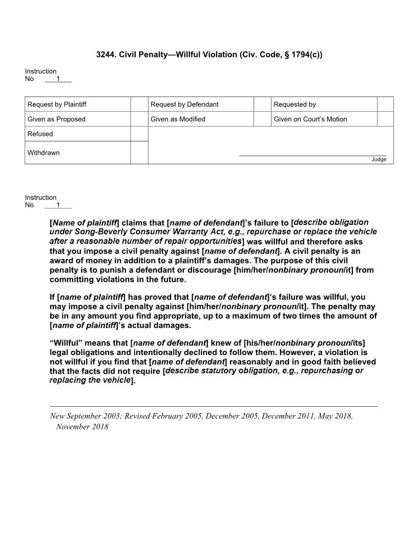 3244. Civil Penalty Willful Violation (Civ. Code, § 1794(c)) | Pdf Doc Docx | Jury Instructions