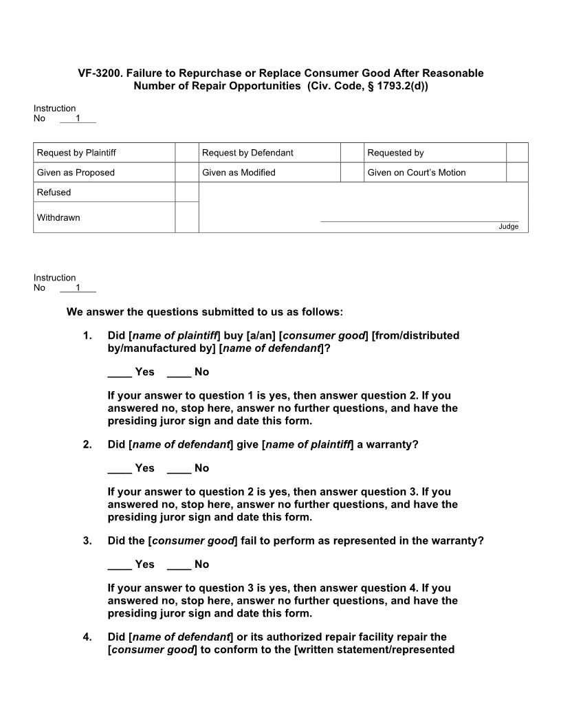 VF 3200. Failure To Repurchase Or Replace Consumer Good After Repair Opportunities | Pdf Doc Docx | Jury Instructions