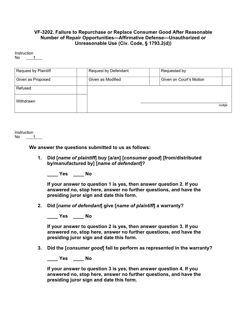 VF 3202. Failure To Replace After Repair Opportunities Affirmative Defense Unauthorized-Unreasonable Use | Pdf Doc Docx | Jury Instructions