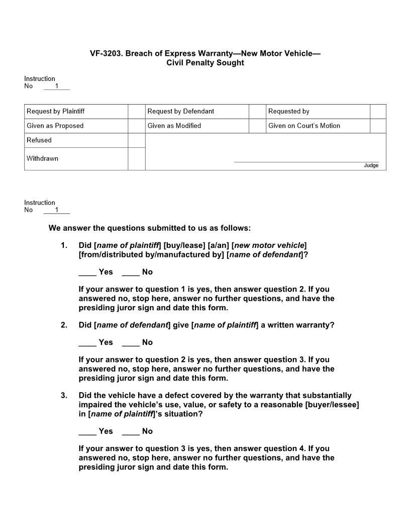 VF 3203. Breach of Express Warranty New Motor Vehicle Civil Penalty Sought | Pdf Doc Docx | Jury Instructions
