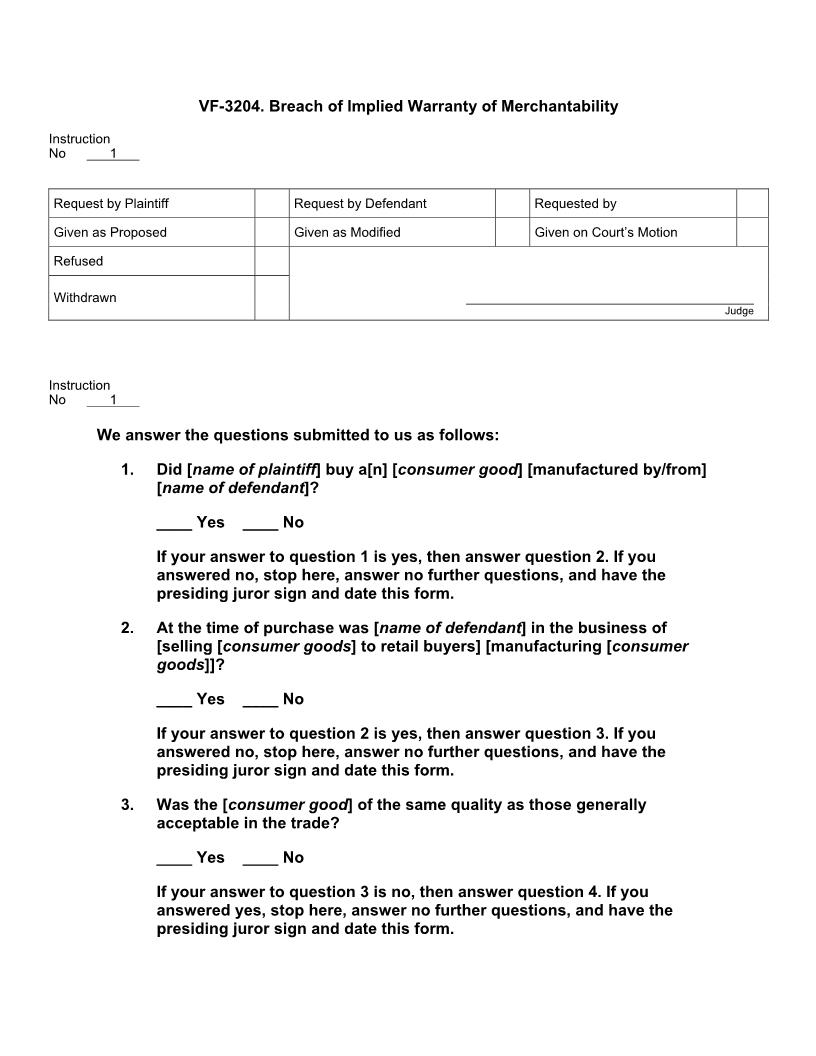 VF 3204. Breach of Implied Warranty of Merchantability | Pdf Doc Docx | Jury Instructions