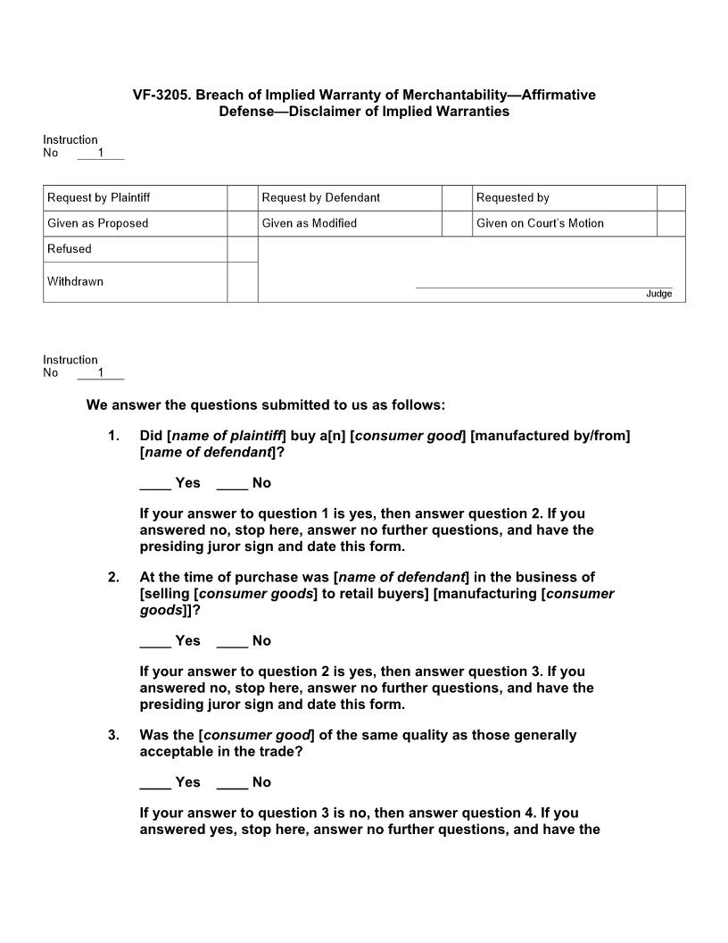 VF 3205. Breach of Implied Warranty of Merchantability Affirmative Defense Disclaimer | Pdf Doc Docx | Jury Instructions