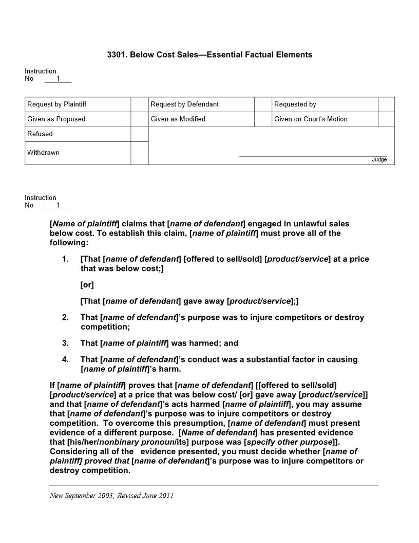 3301. Below Cost Sales Essential Factual Elements | Pdf Doc Docx | Jury Instructions