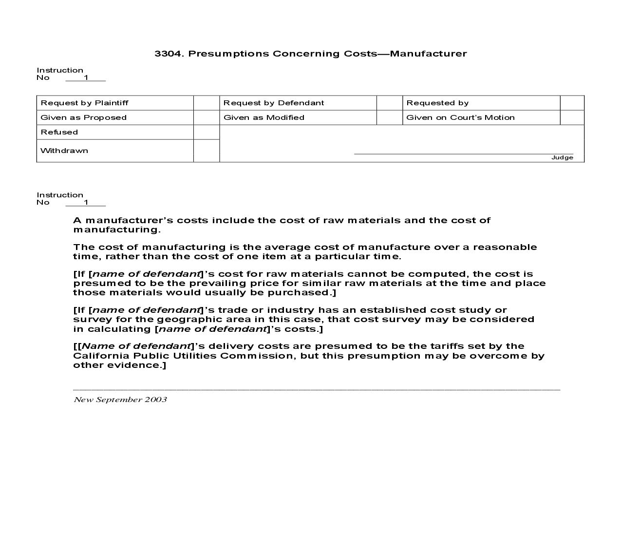 3304. Presumptions Concerning Costs Manufacturer | Pdf Doc Docx | Jury Instructions