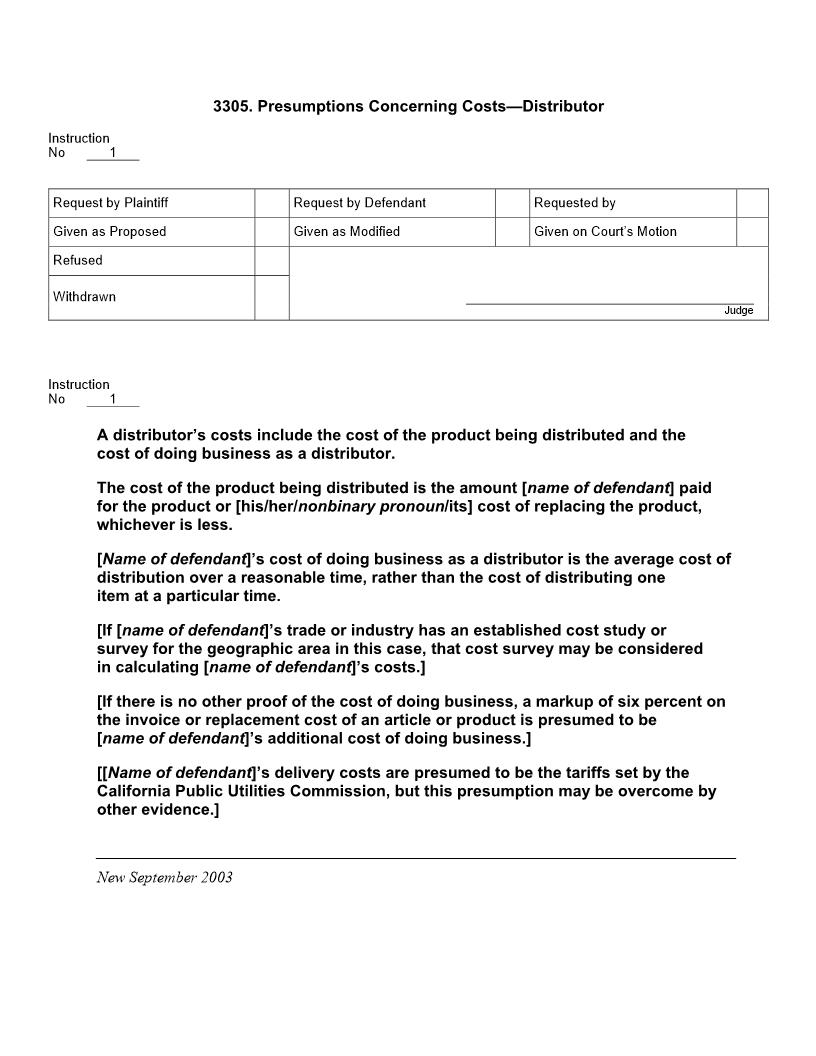 3305. Presumptions Concerning Costs Distributor | Pdf Doc Docx | Jury Instructions