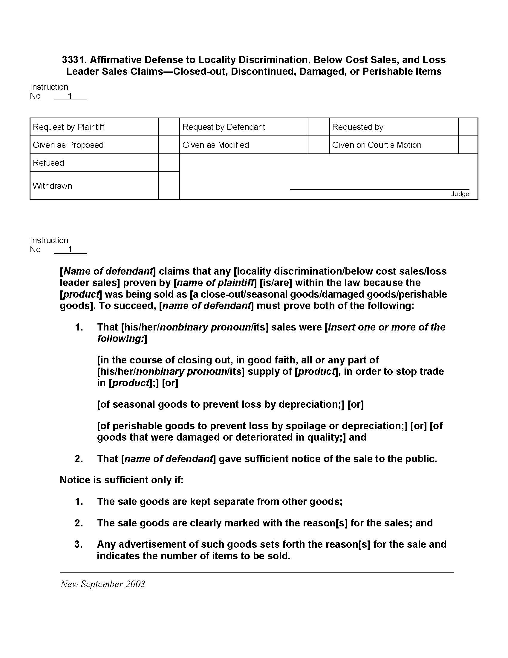 3331. Affirmative Defense To Locality Discrimination Below Cost Loss Leader Discontinued Damaged | Pdf Doc Docx | Jury Instructions