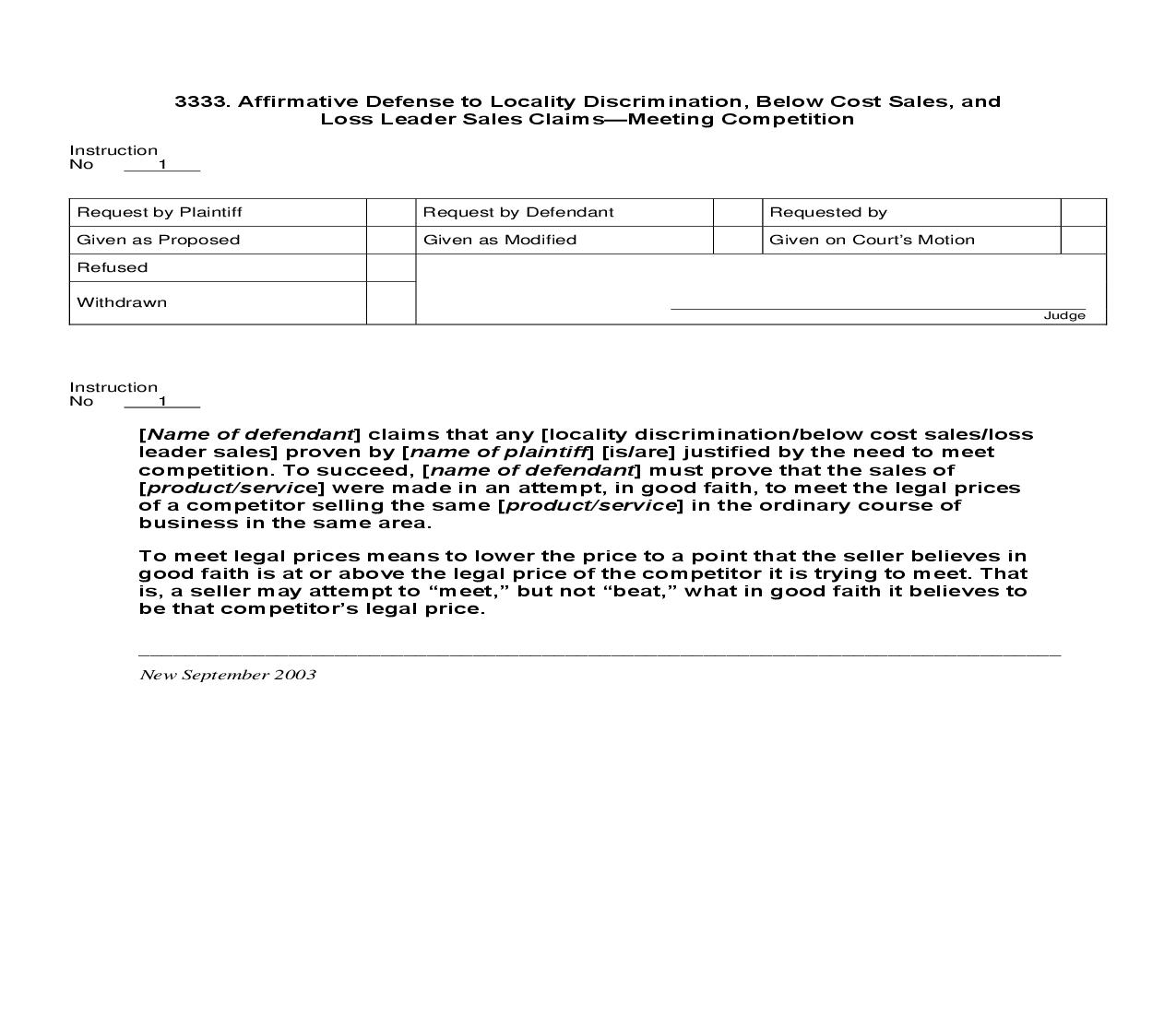 3333. Aff. Defense to Locality Discrimination Below Cost Sales Loss Leader Sales Claims Meeting Competition | Pdf Doc Docx | Jury Instructions