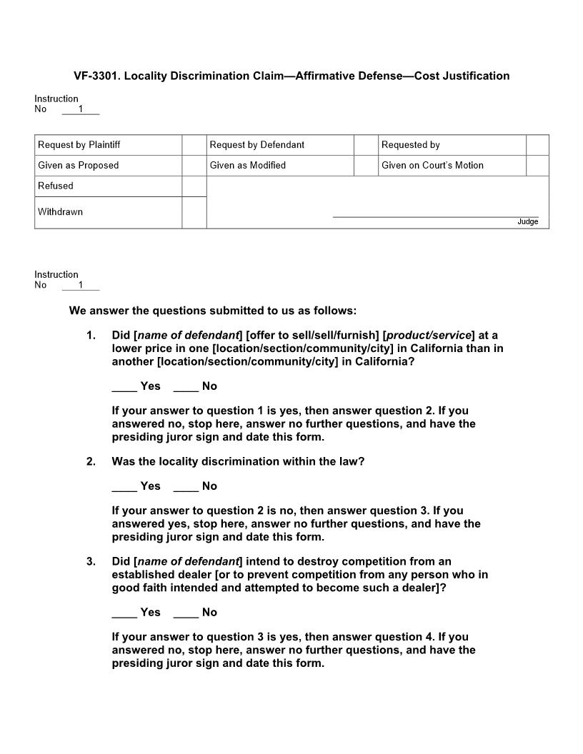 VF 3301. Locality Discrimination Claim Affirmative Defense of Cost Justification | Pdf Doc Docx | Jury Instructions