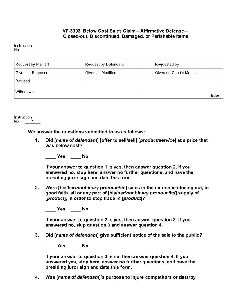 VF 3303. Below Cost Sales Claim Affirmative Defense Discontinued Damaged Perishable | Pdf Doc Docx | Jury Instructions