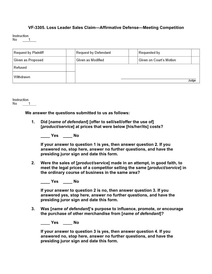 VF 3305. Loss Leader Sales Claim Affirmative Defense of Meeting Competition | Pdf Doc Docx | Jury Instructions