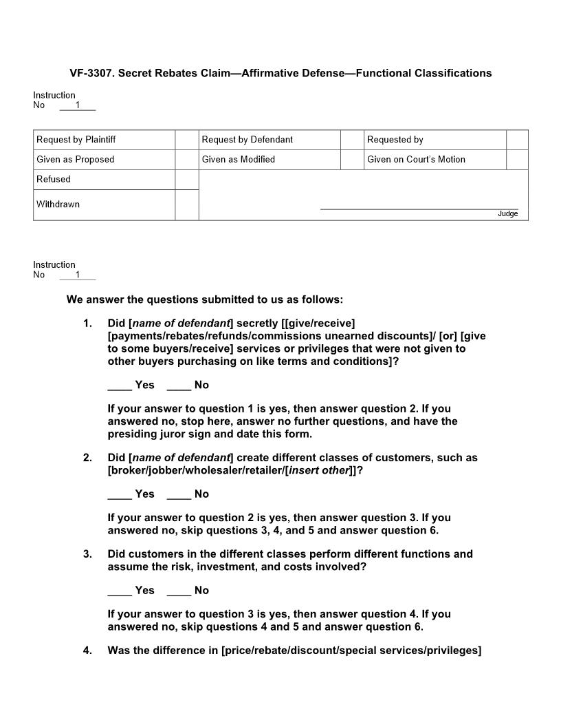VF 3307. Secret Rebates Claim Affirmative Defense of Functional Classifications | Pdf Doc Docx | Jury Instructions