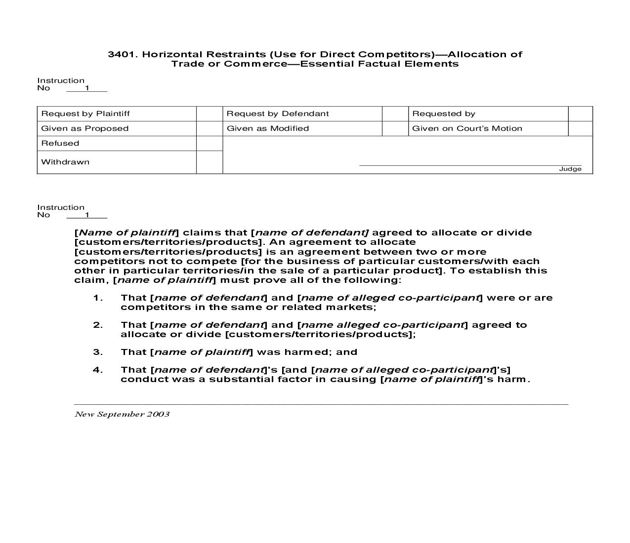 3401. Horiz Restraints (Use for Dir Competitors) Allocation of Trade or Commerce Ess Fact Els | Pdf Doc Docx | Jury Instructions