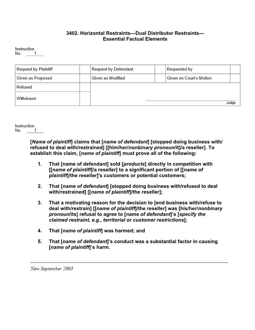 3402. Horizontal Restraints Dual Distributor Restraints Essential Factual Elements | Pdf Doc Docx | Jury Instructions