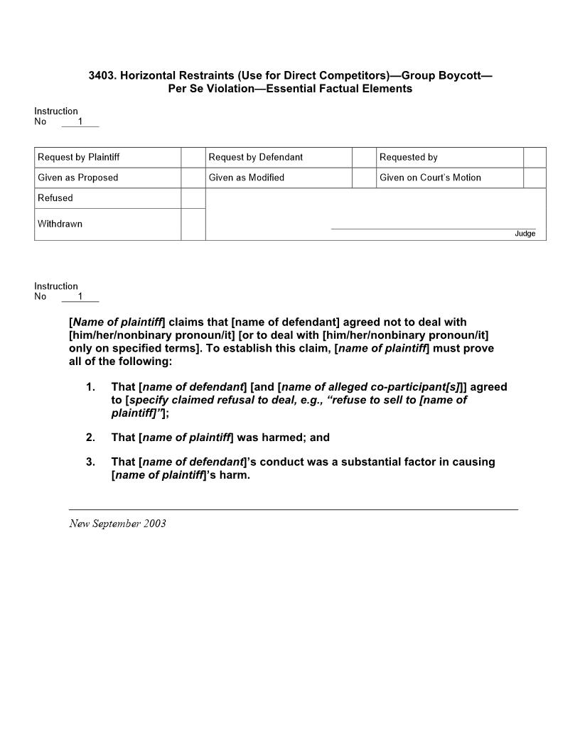 3403. Horiz Restraints (Use for Dir Competitors) Group Boycott Per Se Violation Ess Fact Els | Pdf Doc Docx | Jury Instructions