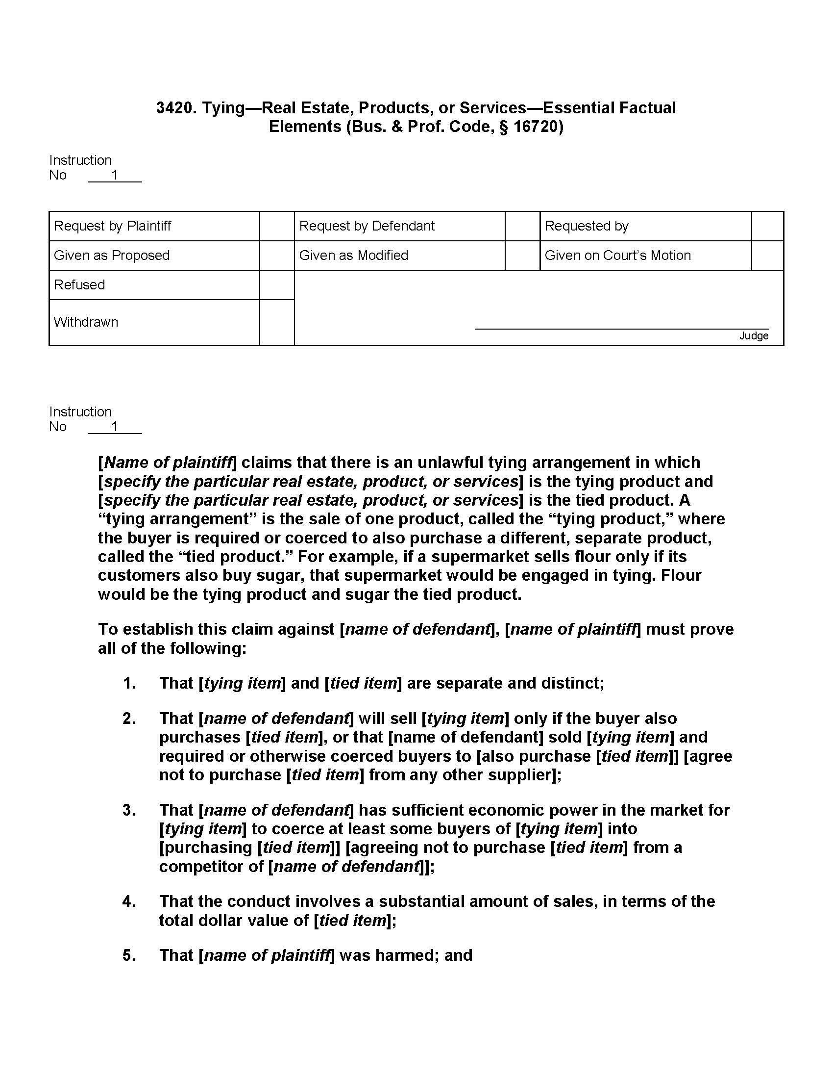 3420. Tying Real Estate Products or Services Essential Factual Elements (Bus. Prof. Code, § 16720) | Pdf Doc Docx | Jury Instructions