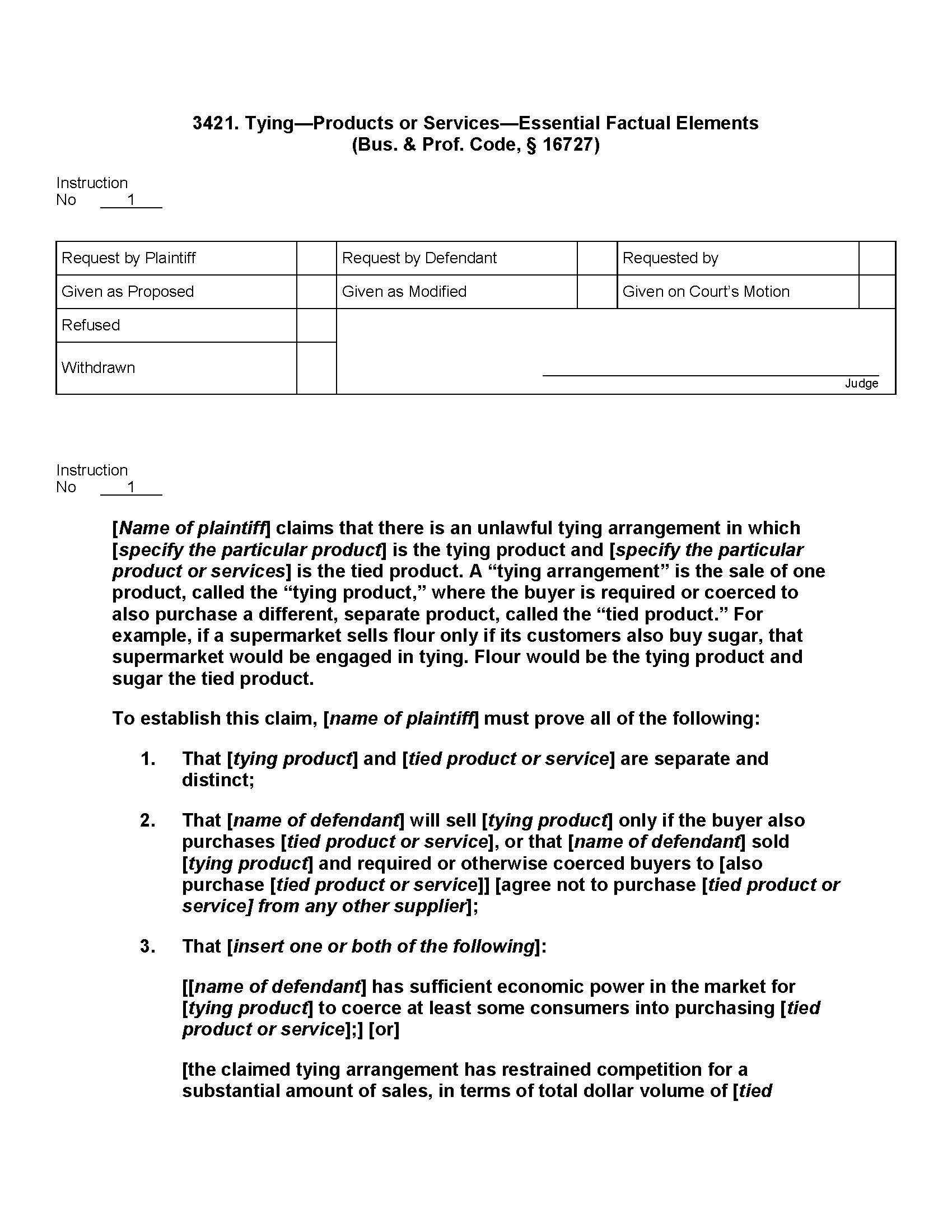 3421. Tying Products or Services Essential Factual Elements (Bus. Prof. Code, § 16727) | Pdf Doc Docx | Jury Instructions