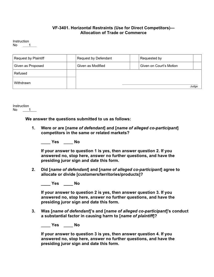 VF 3401. Horizontal Restraints (Use for Direct Competitors) Allocation of Trade or Commerce | Pdf Doc Docx | Jury Instructions