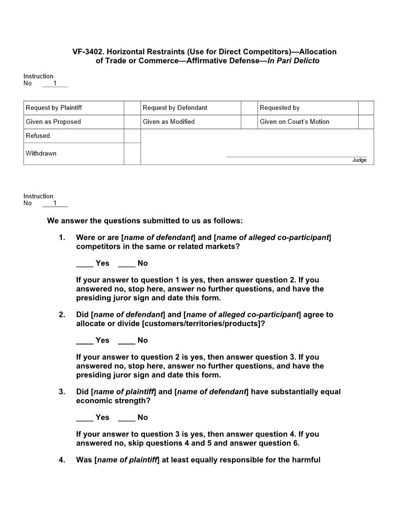VF 3402. Horizontal Restraints (Direct Competitors) Allocation Of Commerce Aff Def In Pari Delicto | Pdf Doc Docx | Jury Instructions