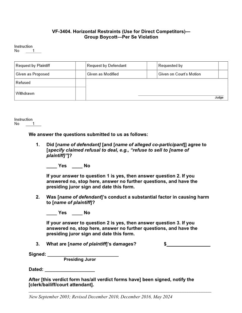 VF 3404. Horizontal Restraints (Use for Direct Competitors) Group Boycott Per Se Violation | Pdf Doc Docx | Jury Instructions