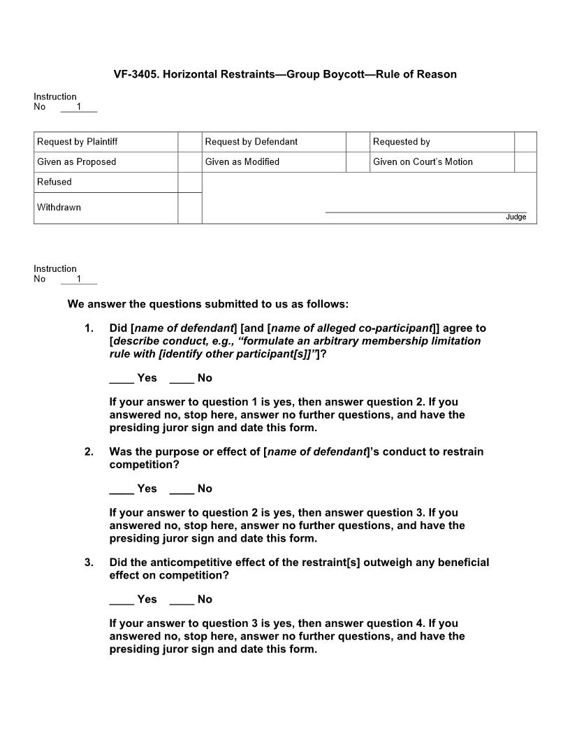 VF 3405. Horizontal Restraints Group Boycott Rule of Reason | Pdf Doc Docx | Jury Instructions