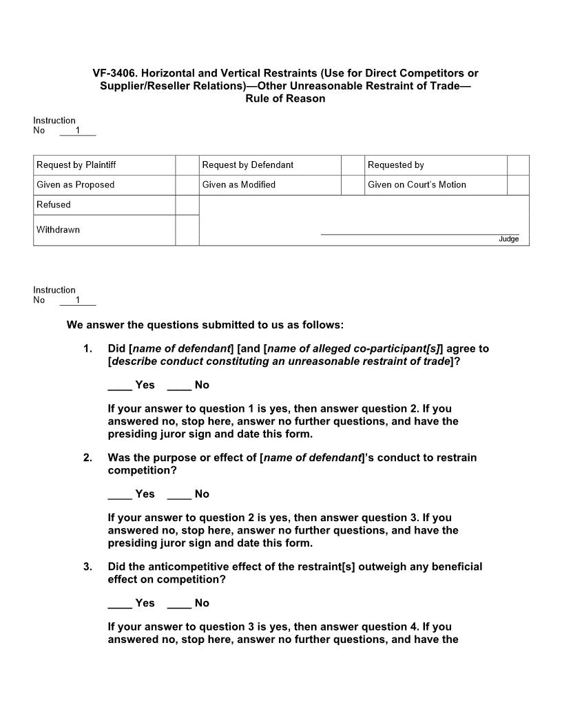 VF 3406. Horizontal And Vertical Restraints (Direct Competitors Supplier-Reseller) Rule Of Reason | Pdf Doc Docx | Jury Instructions