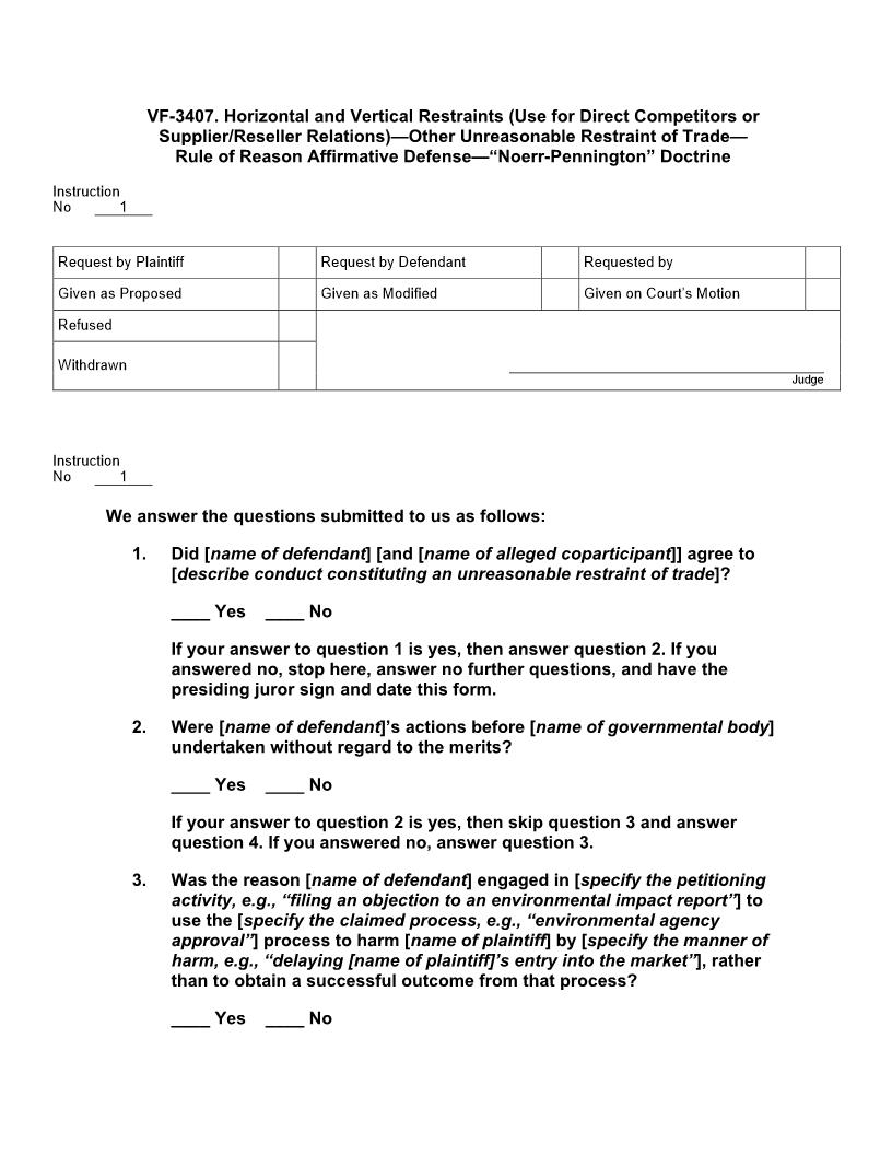 VF 3407. Horizontal And Vertical Restraints (Direct Competitors Supplier-Reseller) Noerr-Pennington | Pdf Doc Docx | Jury Instructions