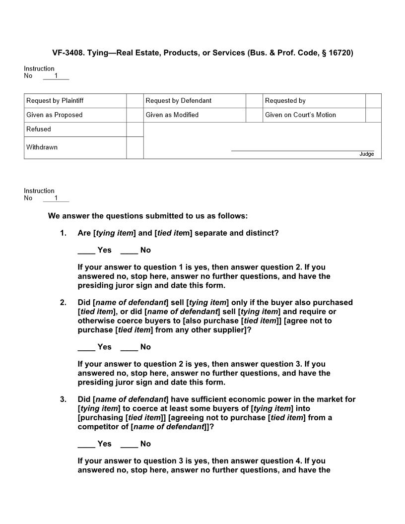 VF 3408. Tying Real Estate Products or Services (Bus. Prof. Code, § 16720) | Pdf Doc Docx | Jury Instructions