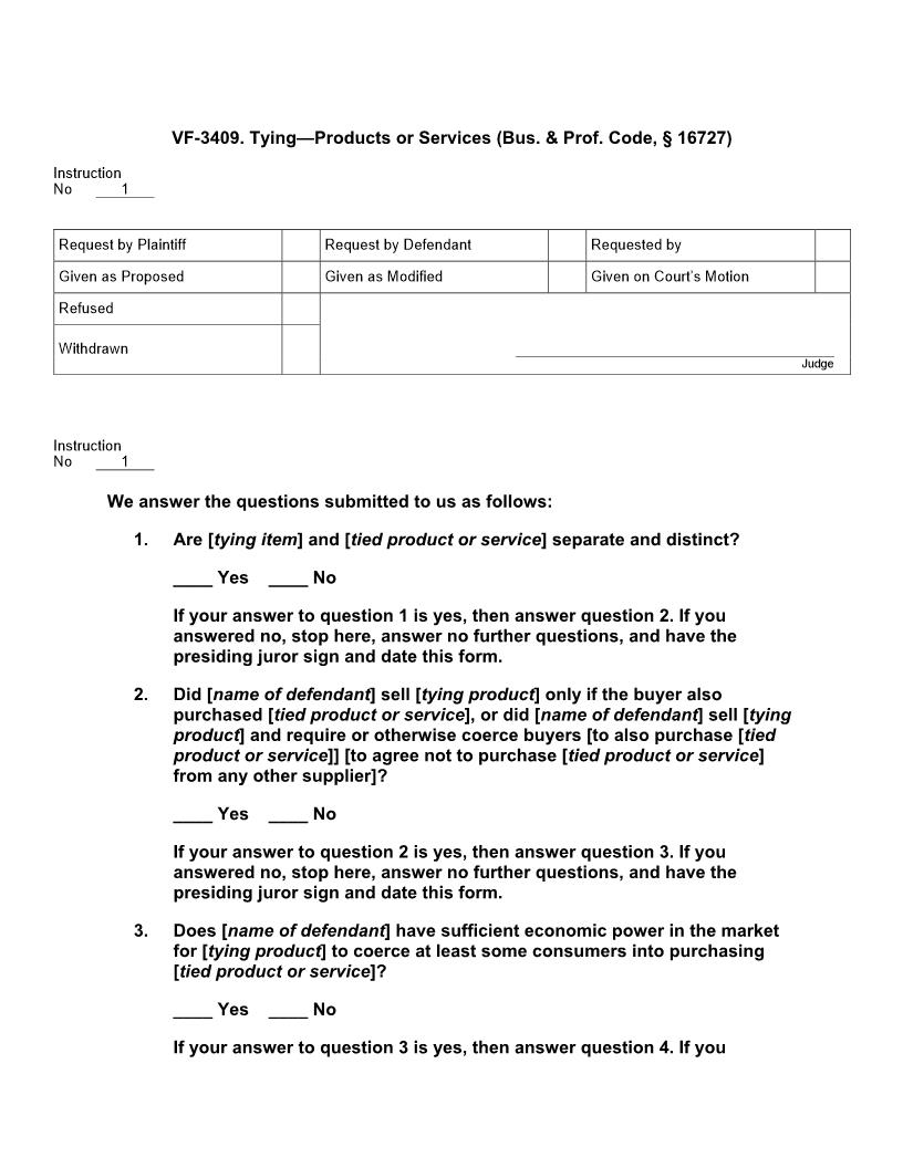 VF 3409. Tying Products or Services (Bus. Prof. Code, § 16727) | Pdf Doc Docx | Jury Instructions