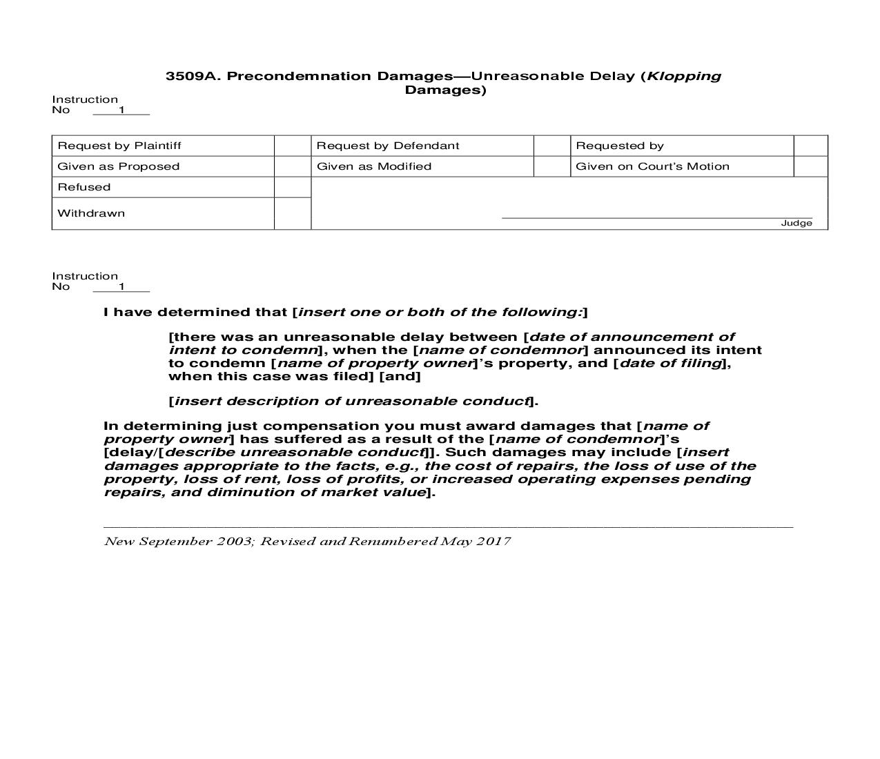 3509A. Precondemnation Damages-Unreasonable Delay (Klopping Damages) | Pdf Doc Docx | Jury Instructions