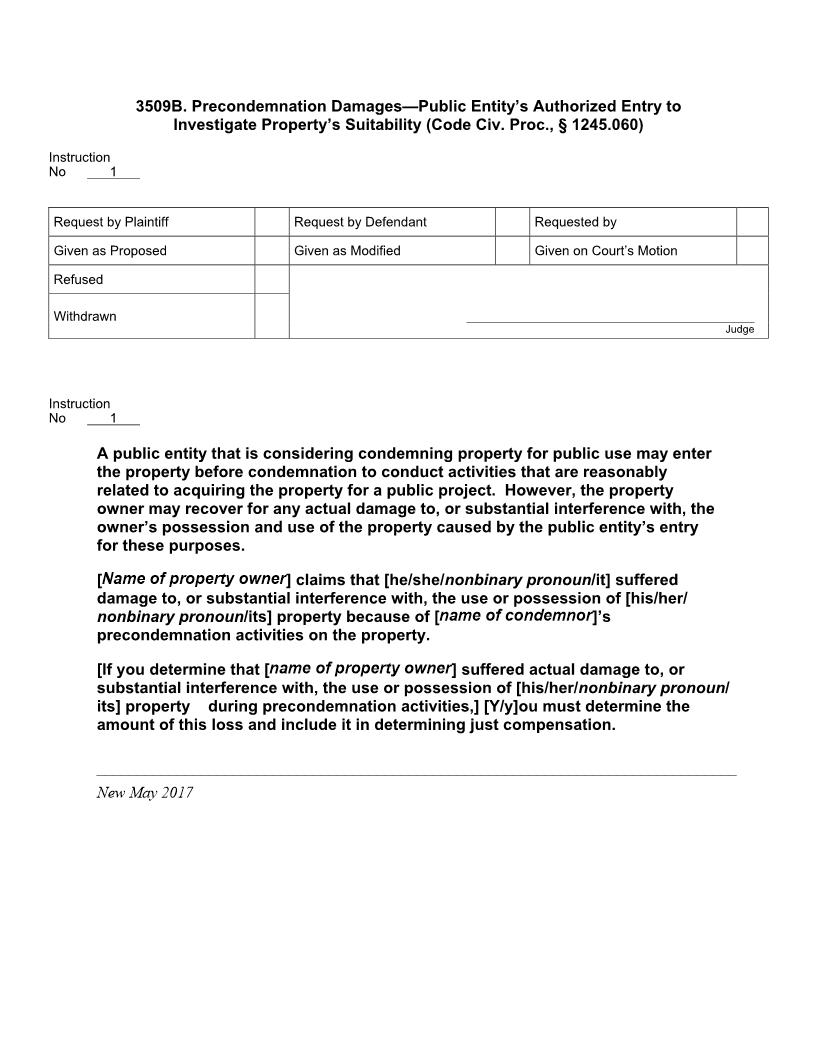 3509B. Precondemnation Damages-Public Entitys Authorized Entry to Investigate Suitability | Pdf Doc Docx | Jury Instructions