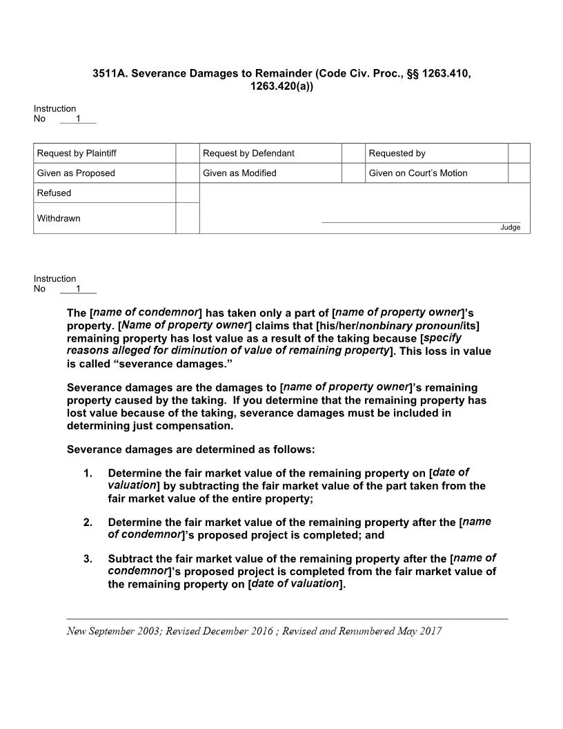 3511A. Severance Damages. To Remainder (Code Civ Proc §§ 1263.410, 1263.420(a)) | Pdf Docx | Jury Instructions