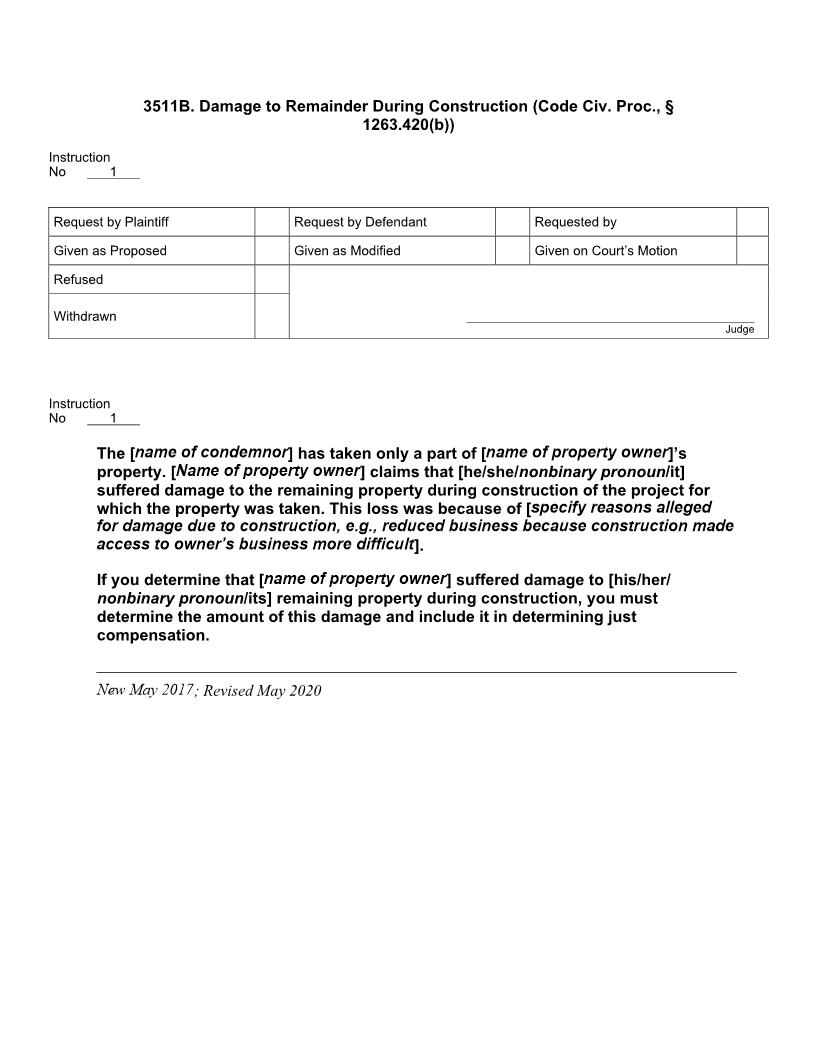 3511B. Damage to Remainder During Construction (Code Civ. Proc., § 1263.420(b)) | Pdf Doc Docx | Jury Instructions