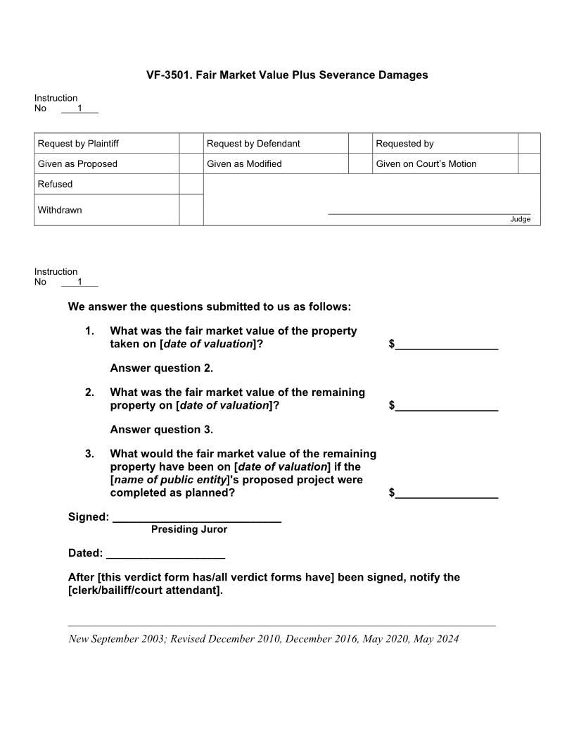 VF 3501. Fair Market Value Plus Severance Damages | Pdf Doc Docx | Jury Instructions