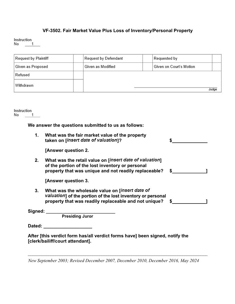 VF 3502. Fair Market Value Plus Loss of Inventory or Personal Property | Pdf Doc Docx | Jury Instructions