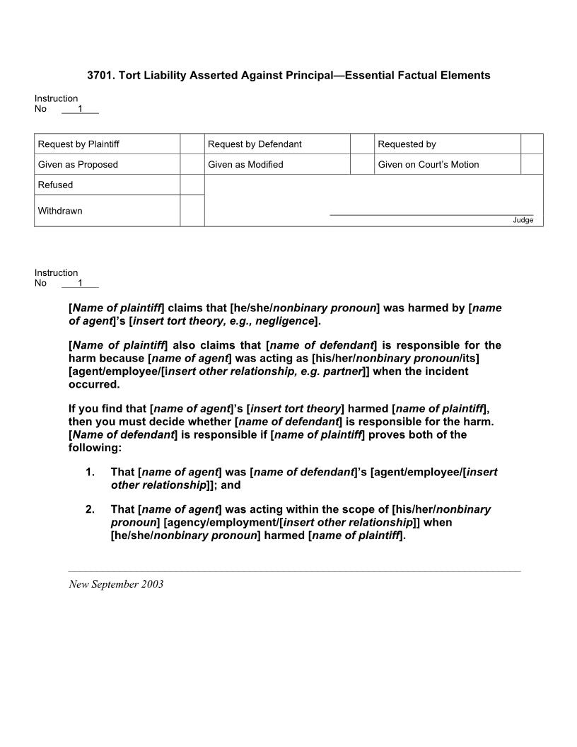 3701. Tort Liability Asserted Against Principal Essential Factual Elements | Pdf Doc Docx | Jury Instructions