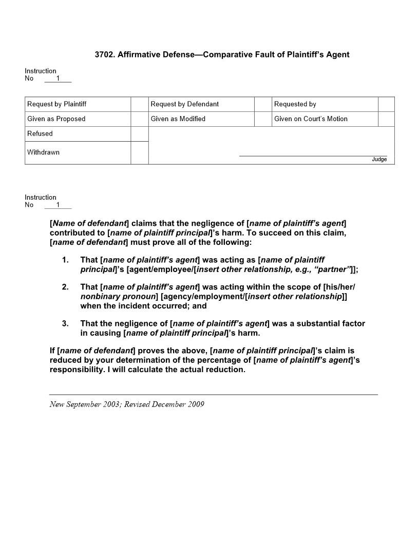 3702. Affirmative Defense Comparative Fault of Plaintiffs Agent | Pdf Doc Docx | Jury Instructions